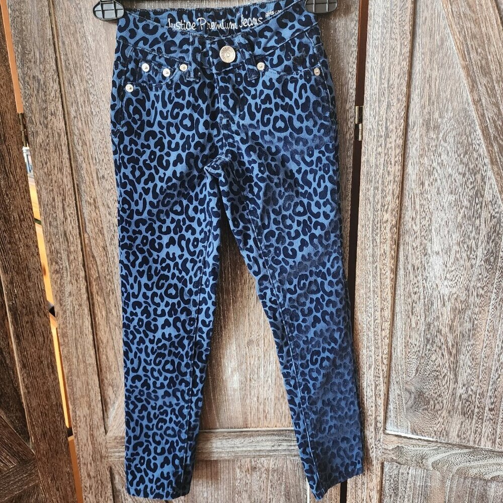 Justice Premium Jeans Blue Leopard Print Textured Velvet Size 7S Simply Low EUC
